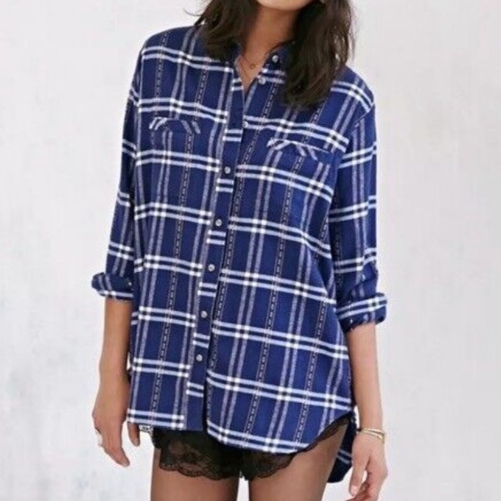 Urban Outfitters BDG Obie Flannel Plaid Button Down Shirt Pockets Blue White